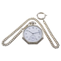 Elgin White Gold Filled Art Deco Pocket Watch from 1923 with Matching Chain 