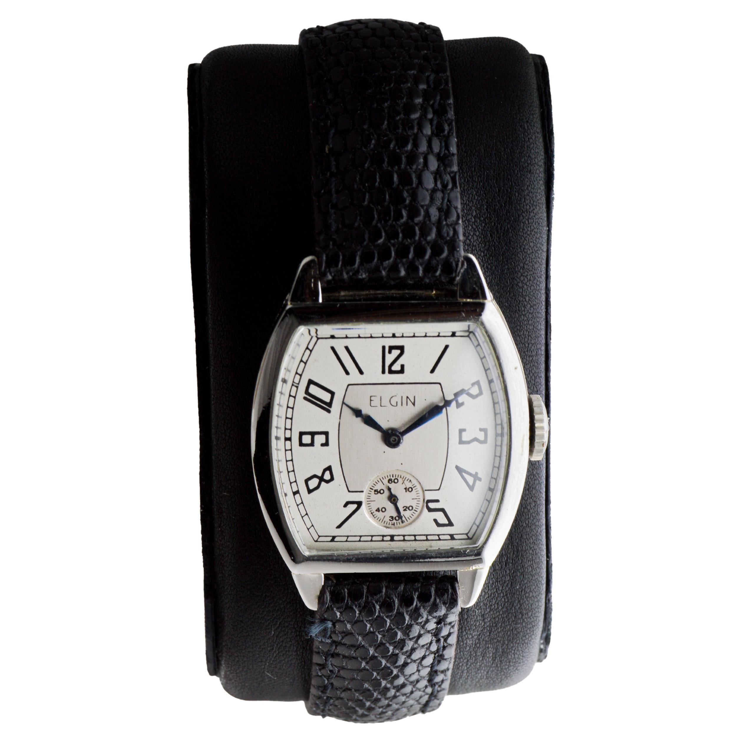 da uomo o donna Orologio Art Deco in oro bianco di Elgin del 1920 circa con quadrante originale patinato in vendita