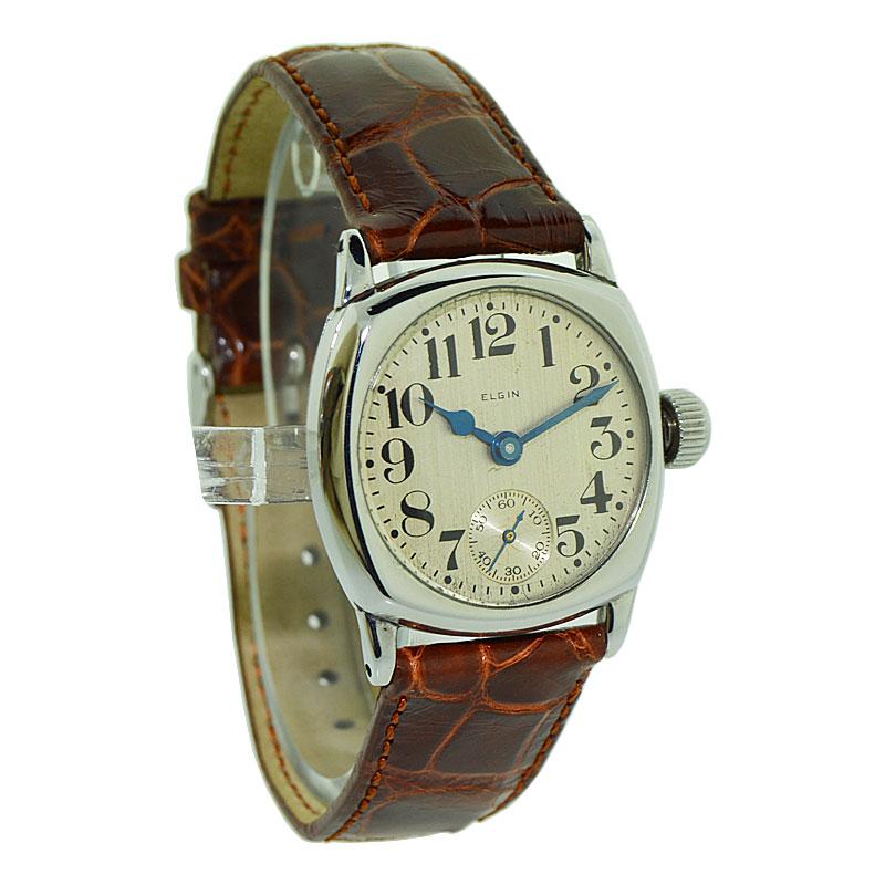 Elgin White Gold Filled Art Deco Wristwatch From 1926 with Original Strap In Excellent Condition In Long Beach, CA