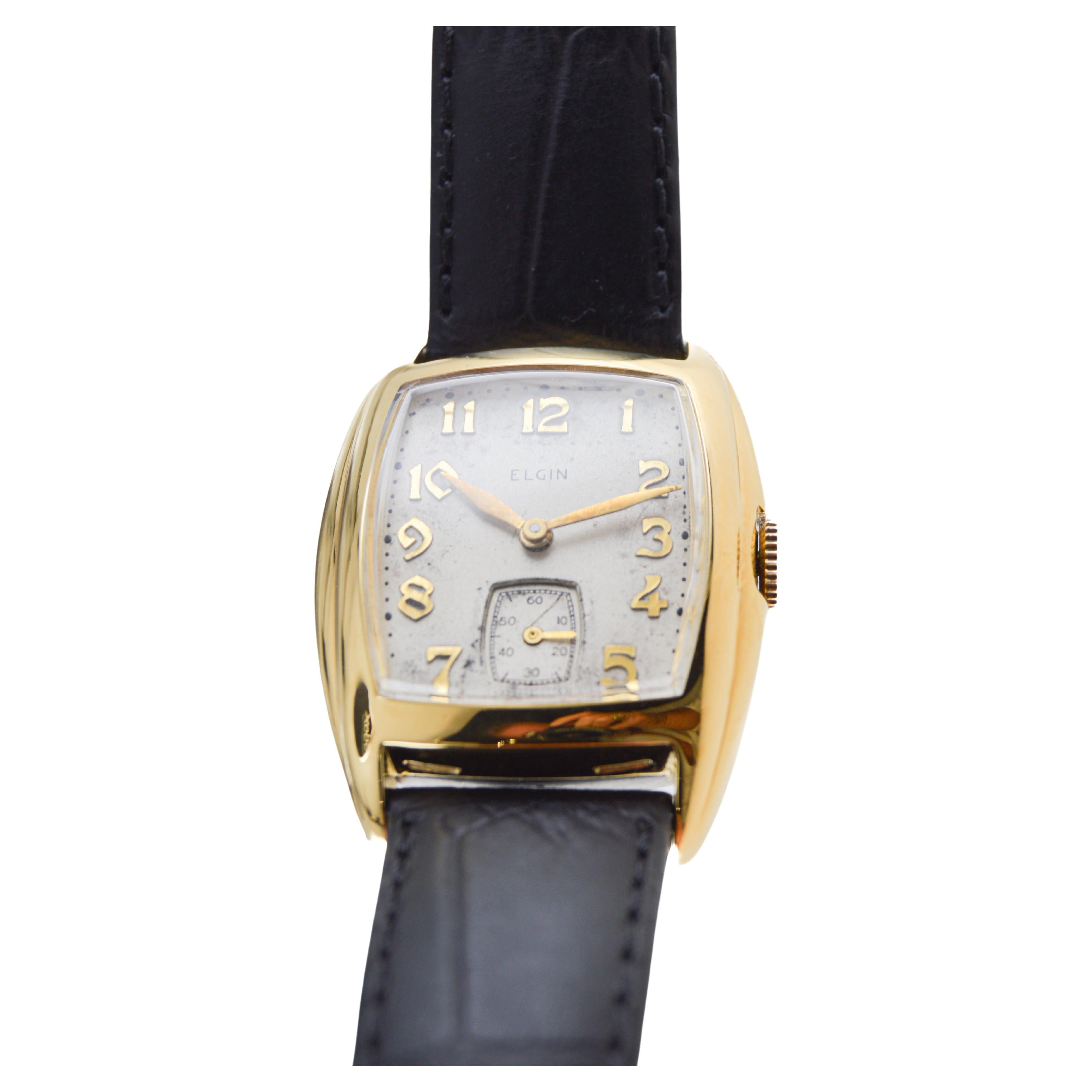 Art Deco Elgin Yellow Gold Filled 1940's Art deco Tonneau Shaped Watch with Original Dial For Sale