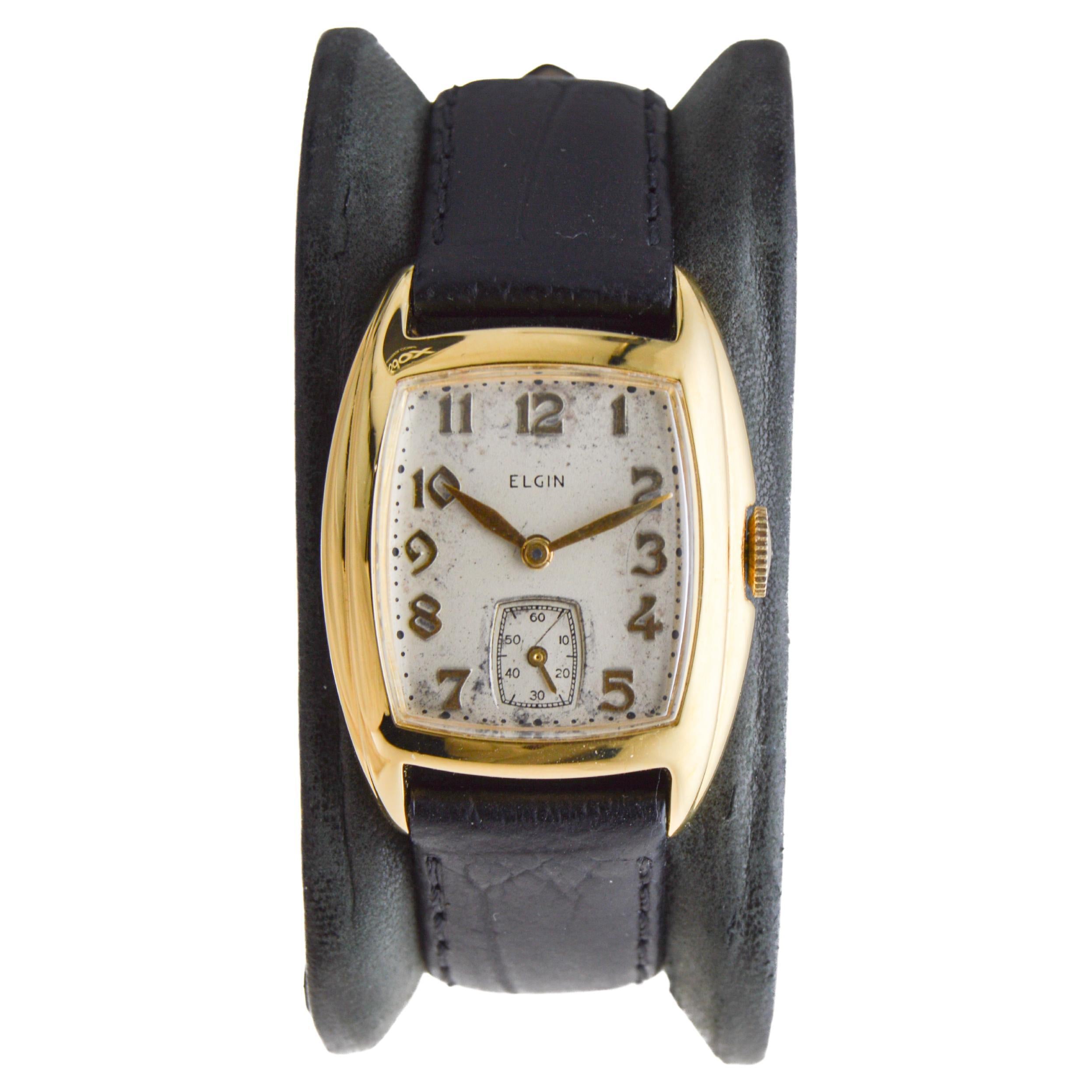 Elgin Yellow Gold Filled 1940's Art deco Tonneau Shaped Watch with Original Dial For Sale