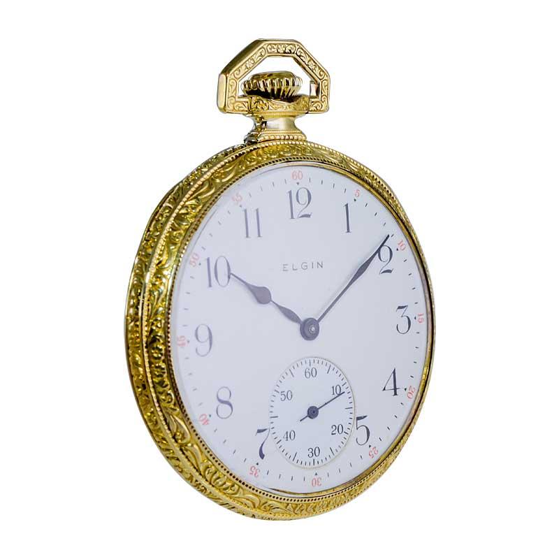 Women's or Men's Elgin Yellow Gold Filled Art Deco Hand Engraved Pocket Watch from 1918 For Sale