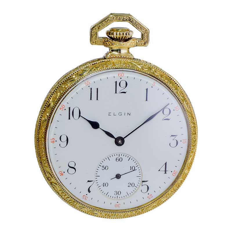 Elgin Yellow Gold Filled Art Deco Hand Engraved Pocket Watch from 1918 For Sale 1