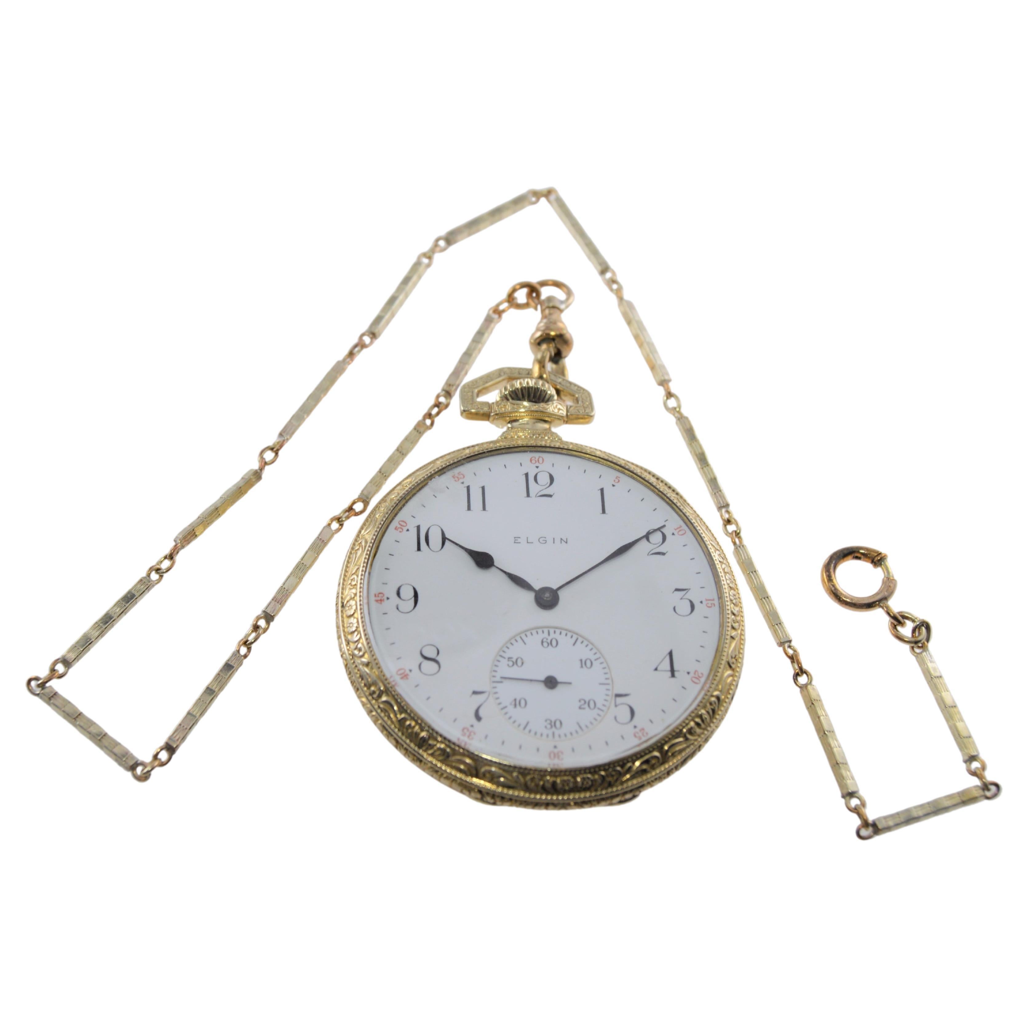 Elgin Gelbgold gefüllte, handgravierte Art-Déco-Taschenuhr von 1918 (Art déco) im Angebot