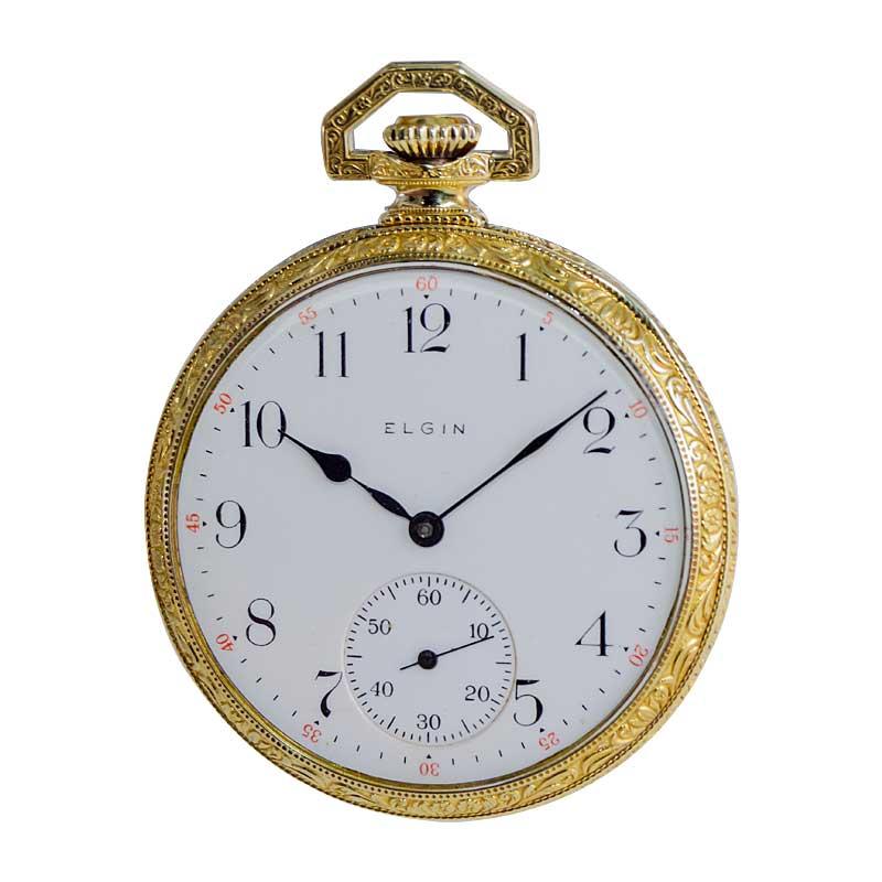 Elgin Gelbgold gefüllte, handgravierte Art-Déco-Taschenuhr von 1918 im Angebot 3