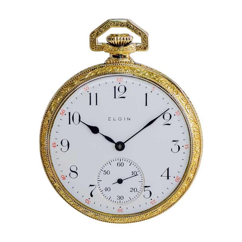 Elgin Yellow Gold Filled Art Deco Hand Engraved Pocket Watch from 1918 For Sale 3