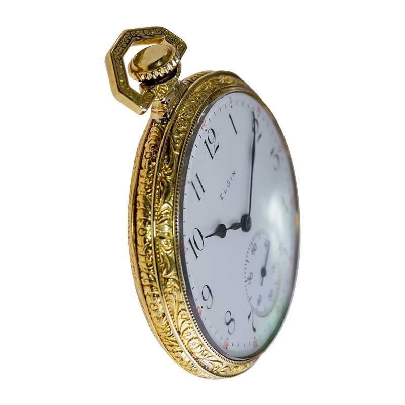Elgin Yellow Gold Filled Art Deco Hand Engraved Pocket Watch from 1918 For Sale 4
