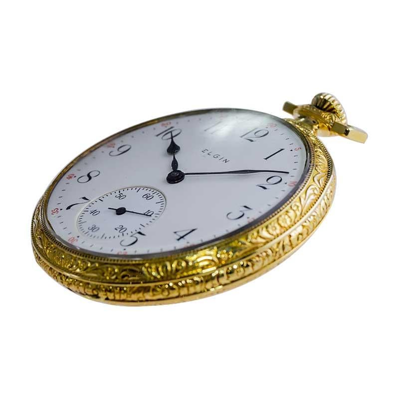 Elgin Yellow Gold Filled Art Deco Hand Engraved Pocket Watch from 1918 For Sale 5