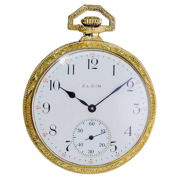 Elgin Gelbgold gefüllte, handgravierte Art-Déco-Taschenuhr von 1918 für Damen oder Herren im Angebot