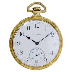 Antique Elgin Yellow Gold Filled Art Deco Hand Engraved Pocket Watch from 1918