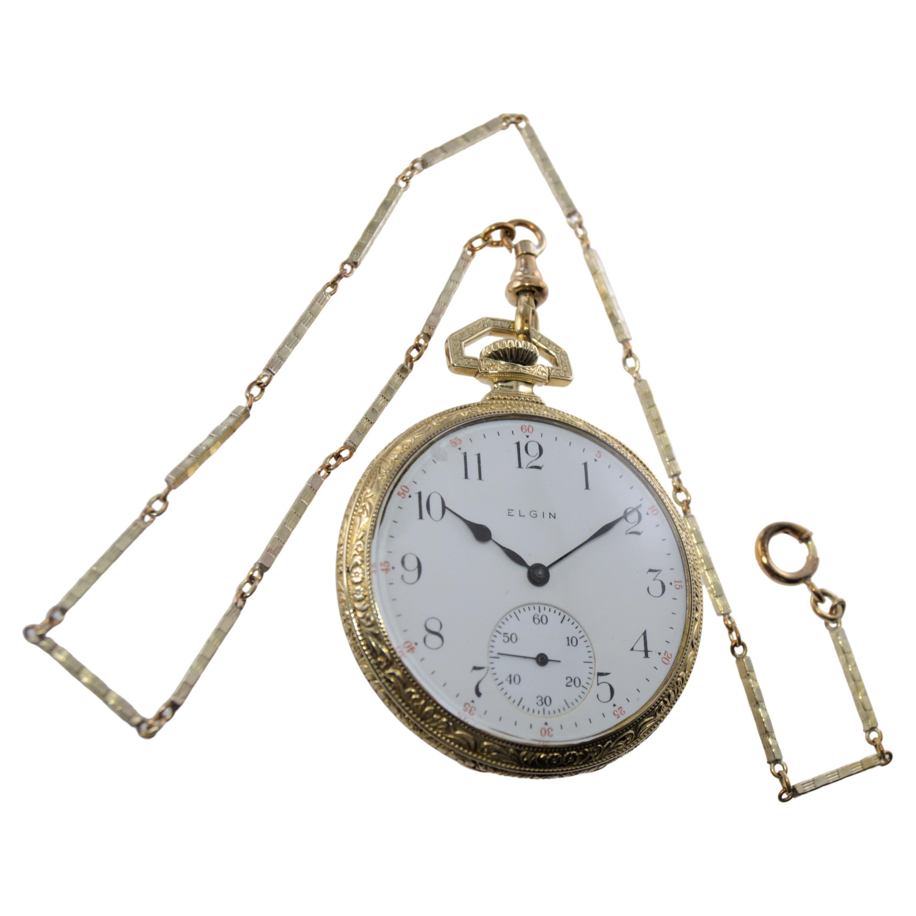 Elgin Gelbgold gefüllte, handgravierte Art-Déco-Taschenuhr von 1918