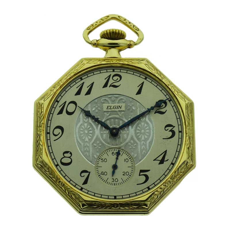 FACTORY / HOUSE: Elgin Watch Co.
STYLE / REFERENCE: Open Faced Pocket Watch 
METAL / MATERIAL: Yellow Gold Filled
CIRCA / YEAR: 1924s
DIMENSIONS / SIZE: Diameter 44mm
MOVEMENT / CALIBER: Manual Winding / 17 Jewels 
DIAL / HANDS: Original Silvered