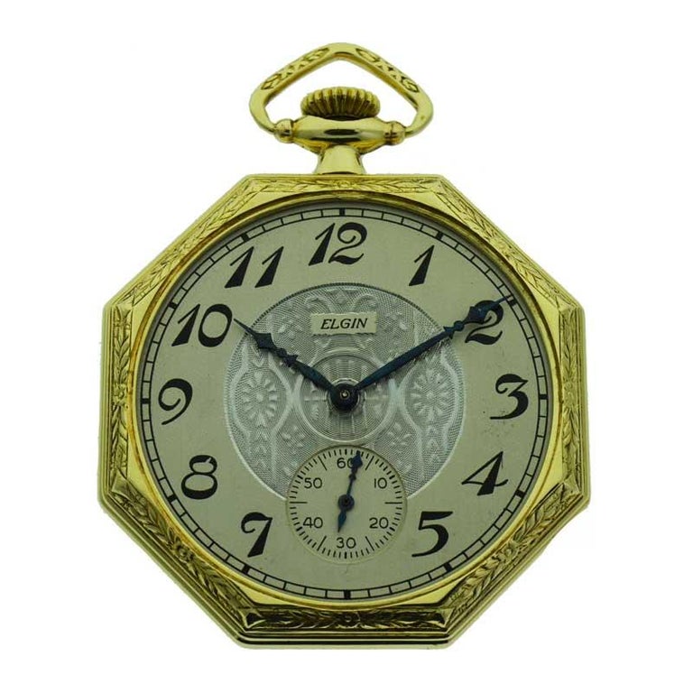 Elgin Yellow Gold Filled Art Deco Octagon Shaped Pocket Watch from 1924