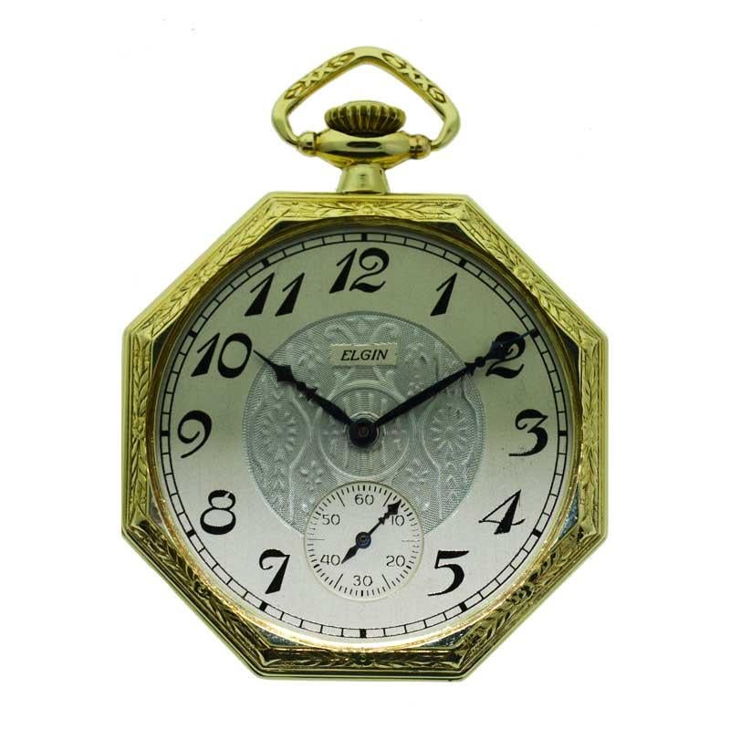 Elgin Yellow Gold Filled Art Deco Octagon Shaped Pocket Watch from 1924