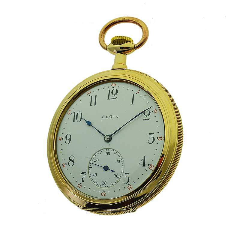 FACTORY / HOUSE: Elgin Watch Co.
STYLE / REFERENCE: Open Faced / 12 Size 
METAL / MATERIAL: Yellow Gold Filled
CIRCA / YEAR: 1906s
DIMENSIONS / SIZE: 46mm
MOVEMENT / CALIBER: Manual Winding / 15 Jewels 
DIAL / HANDS: Original Kiln Fired Enamel Dial