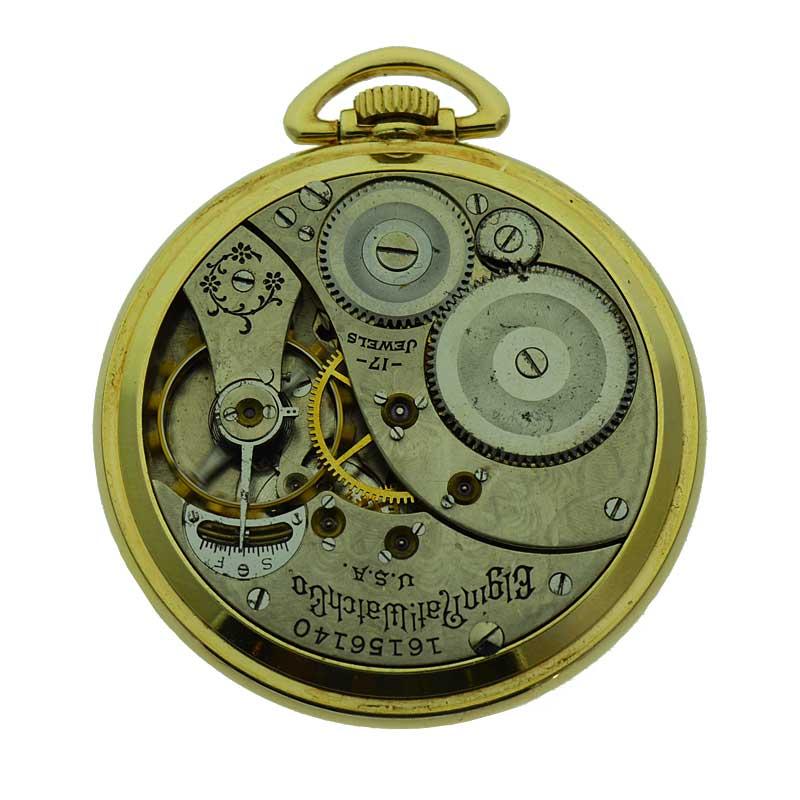 Elgin Yellow Gold Filled Art Deco Open Faced Pocket Watch New Old Stock Case In Excellent Condition In Long Beach, CA