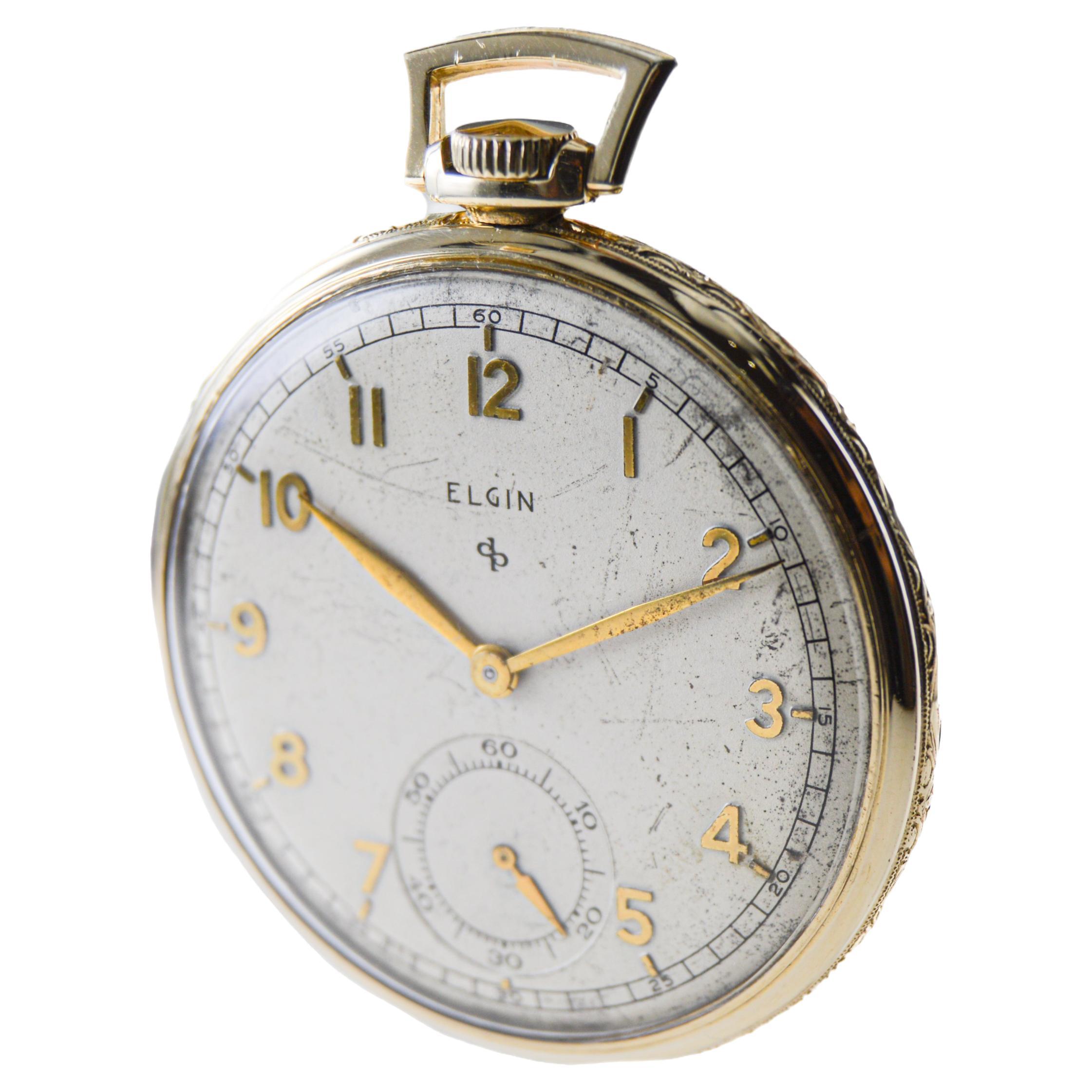 Women's or Men's Elgin Yellow Gold Filled Art Deco Pocket Watch with Original Dial, circa 1940s For Sale