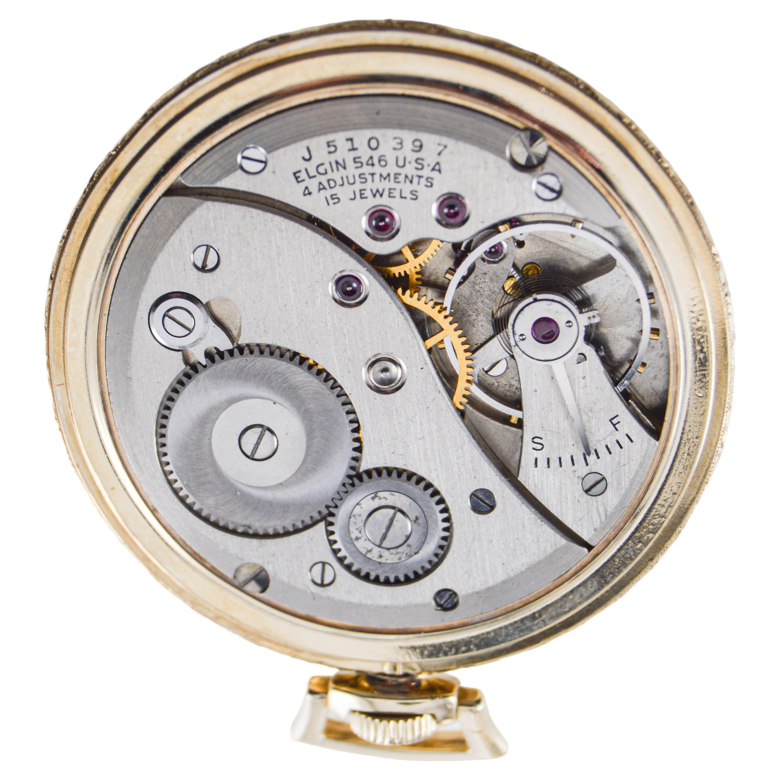 Elgin Yellow Gold Filled Art Deco Pocket Watch with Original Dial, circa 1940s For Sale 2