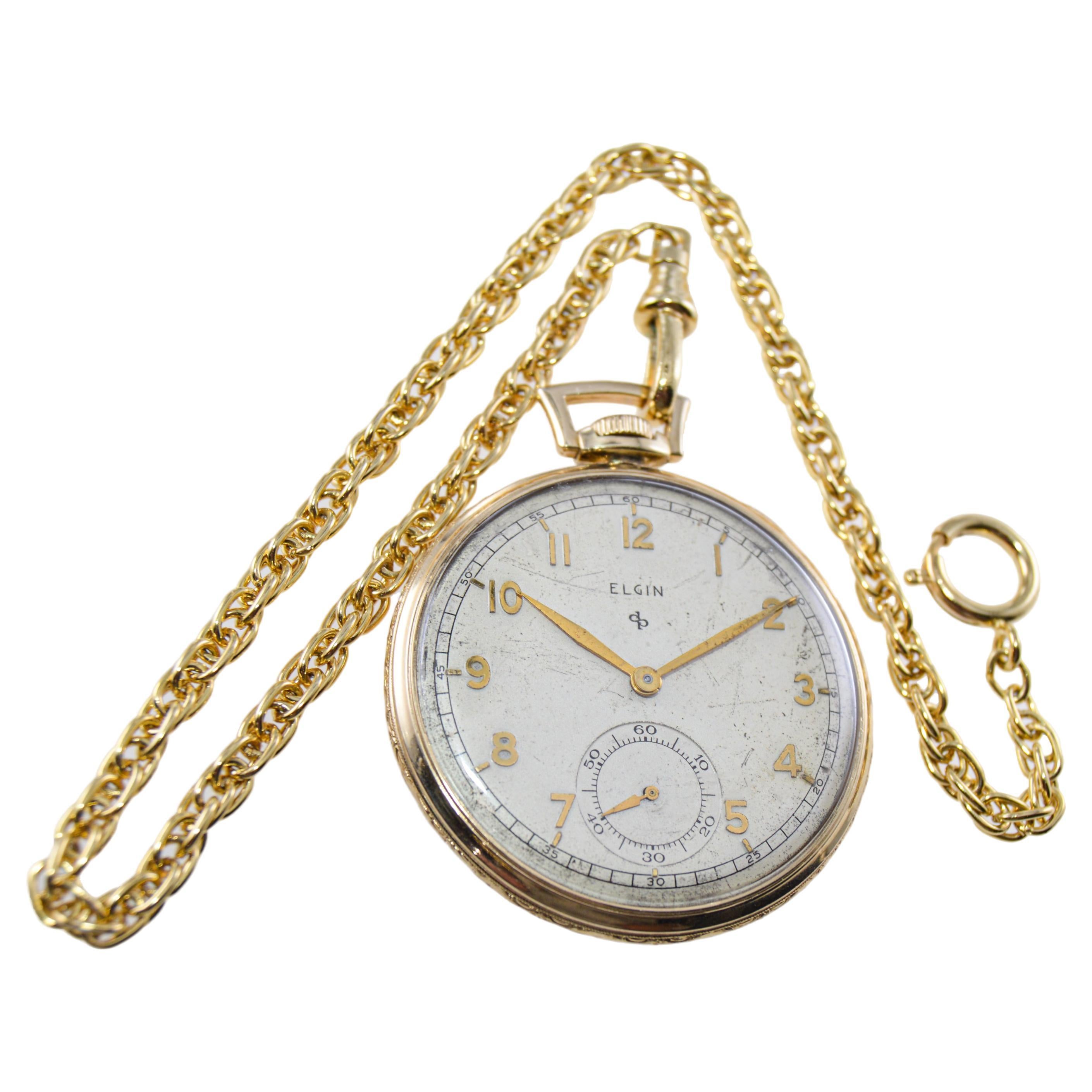 Elgin Yellow Gold Filled Art Deco Pocket Watch with Original Dial, circa 1940s For Sale