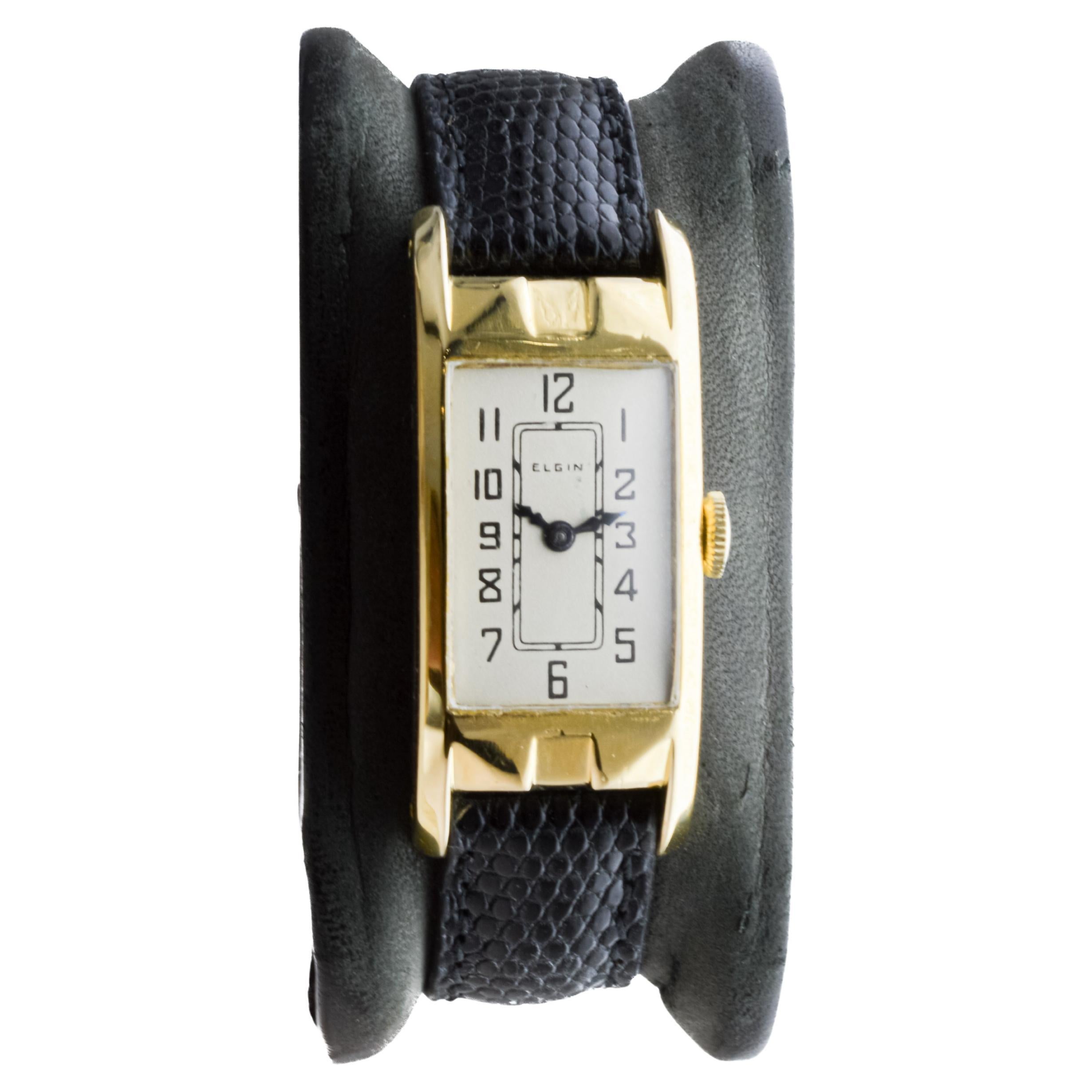 Women's or Men's Elgin Yellow Gold Filled Art Deco Tank Style Watch, 1930's with Original Dial For Sale