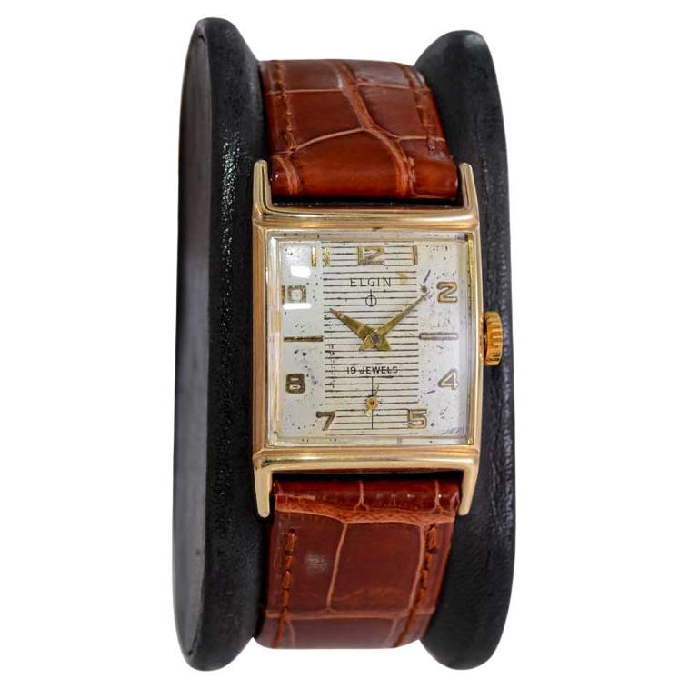 Elgin Yellow Gold Filled Art Deco Tank Style with Original Patinated Dial 1950's For Sale