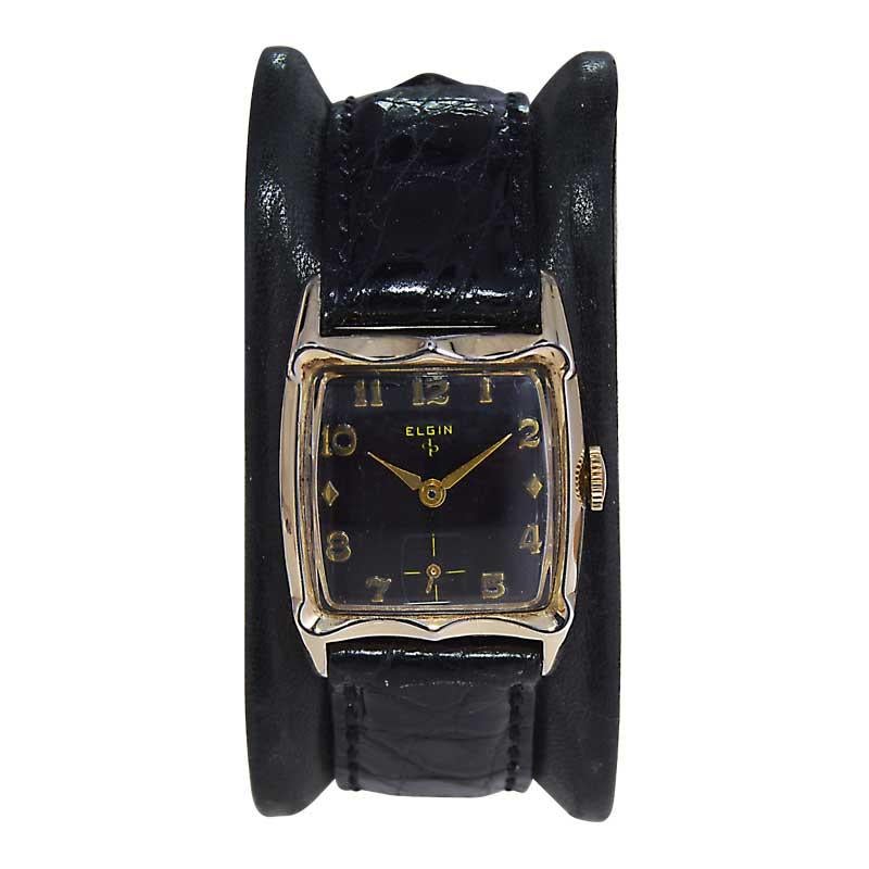 Elgin Yellow Gold Filled Art Deco Tonneau Shaped Watch American Made from 1940's In Excellent Condition In Long Beach, CA