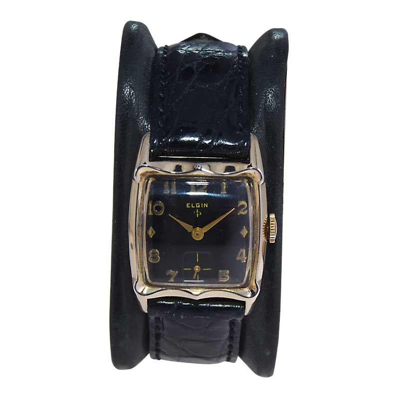 Women's or Men's Elgin Yellow Gold Filled Art Deco Tonneau Shaped Watch American Made from 1940's