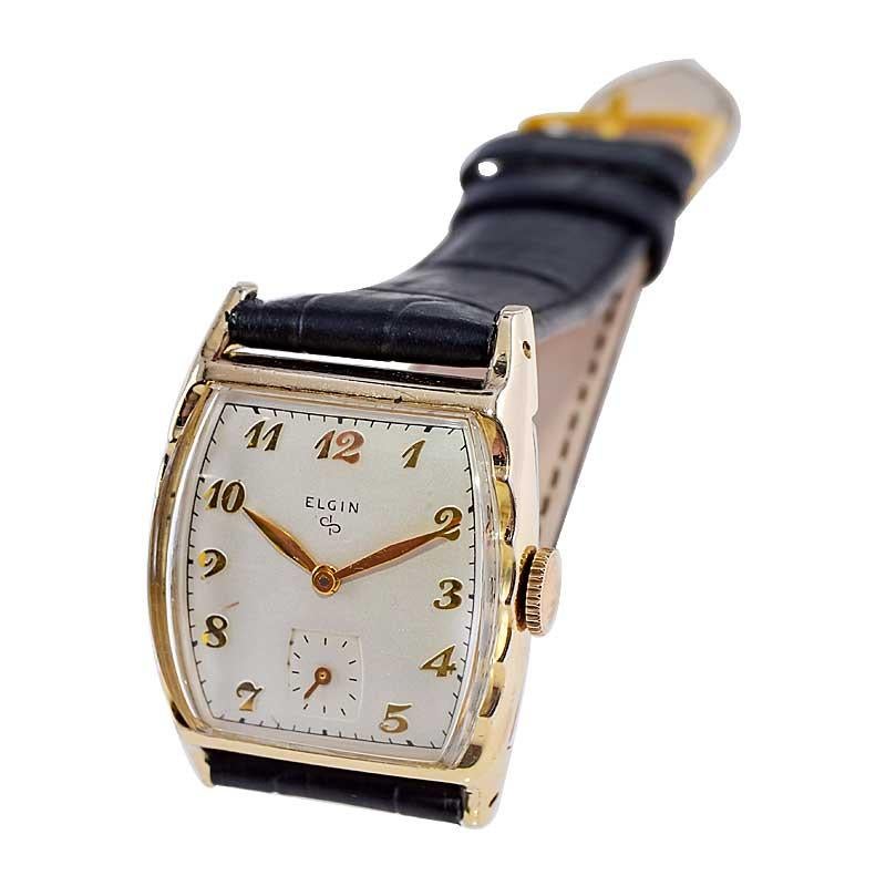 Elgin Yellow Gold Filled Art Deco Tonneau Shaped Watch with Original Dial 1940's 4