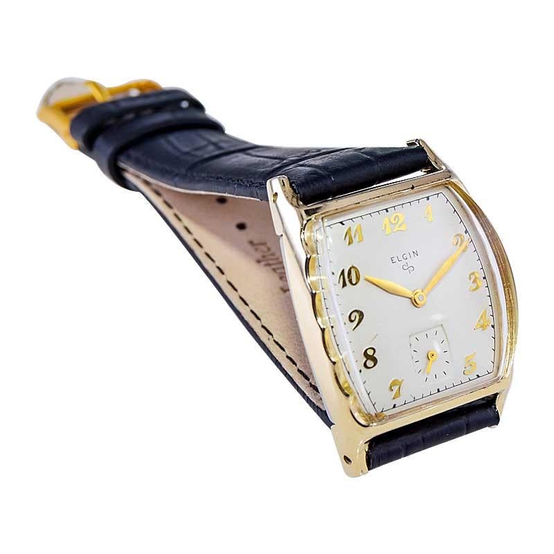 Elgin Yellow Gold Filled Art Deco Tonneau Shaped Watch with Original Dial 1940's 2