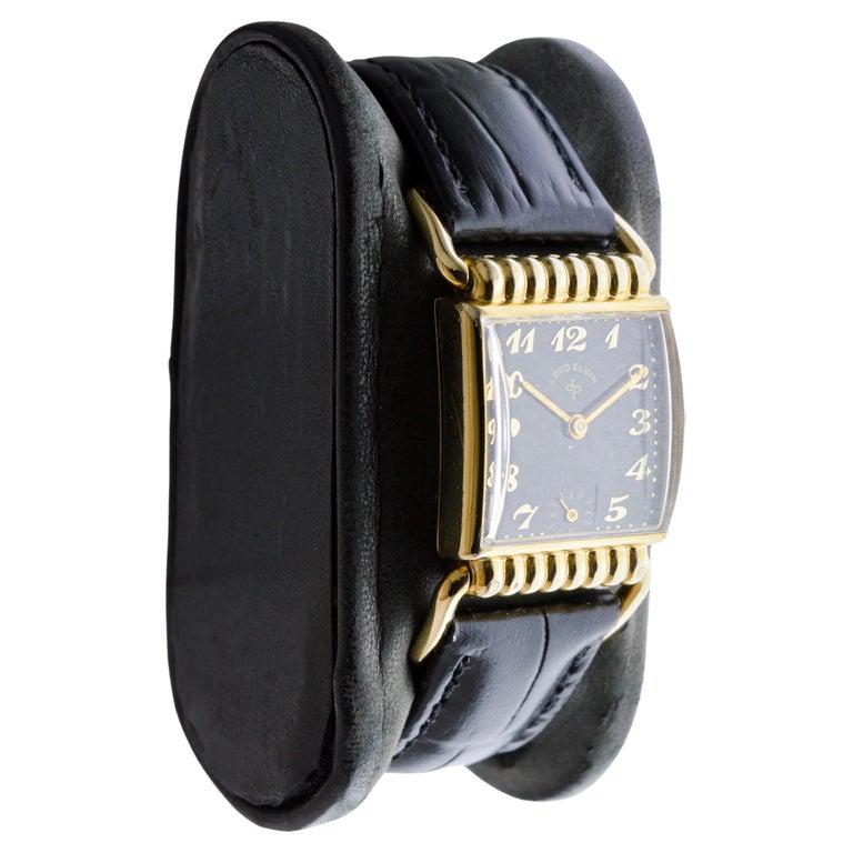 FACTORY / HOUSE: Elgin Watch Company
STYLE / REFERENCE: Art Deco / Articulated Lugs
METAL / MATERIAL: Yellow Gold Filled
CIRCA / YEAR: 1940's
DIMENSIONS / SIZE: Length 43mm Lug Tip to Lug Tip X Width 21mm
MOVEMENT / CALIBER: Manual Winding / 17