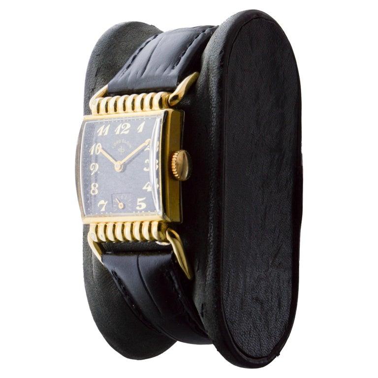 Elgin Yellow Gold Filled Art Deco Watch circa 1940's Articulated Lugs For Sale 3