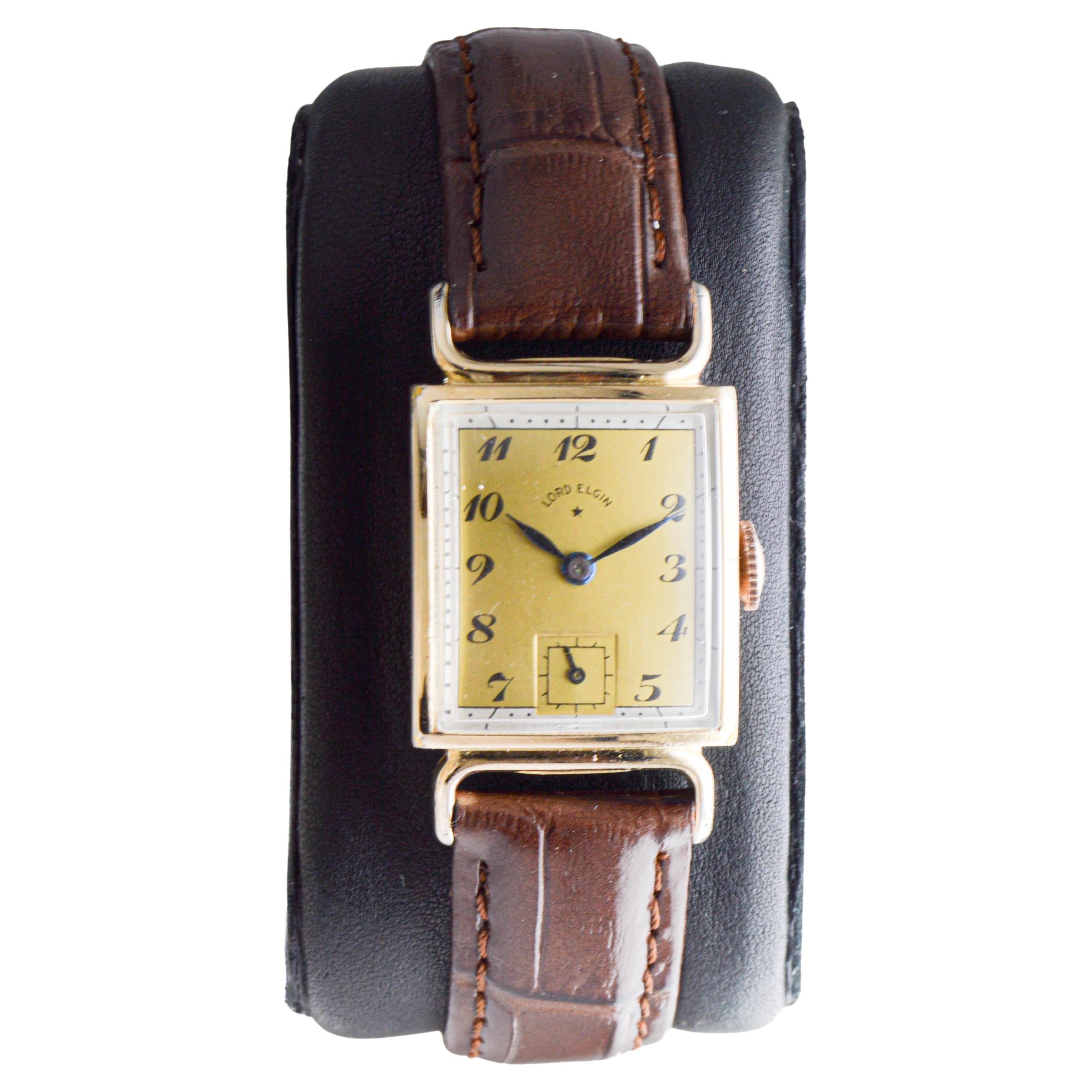 Women's or Men's Elgin Yellow Gold Filled Art Deco Watch circa 1940s Flawless Original Dial For Sale