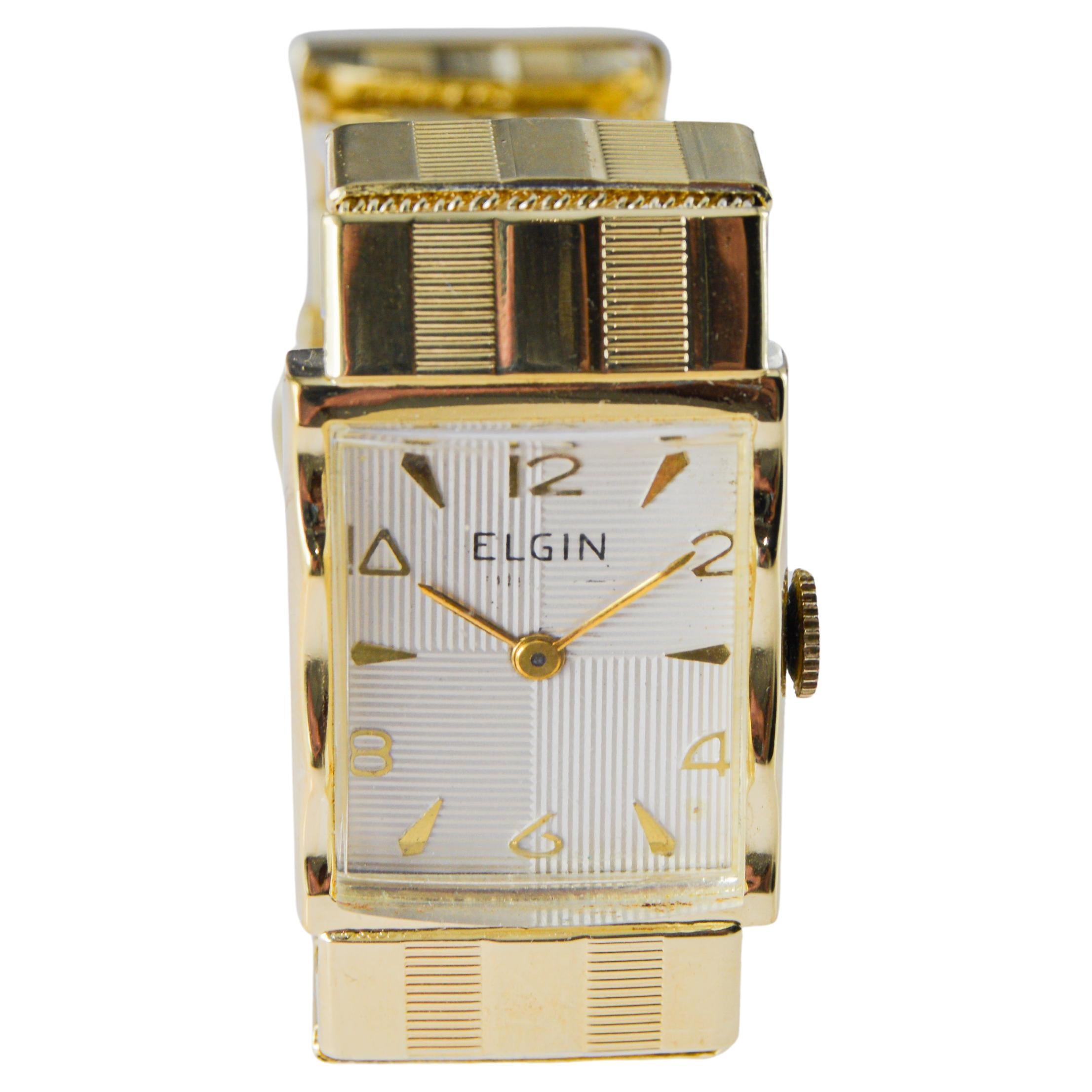 Reloj Art Déco Elgin de oro amarillo de los años 50 con esfera original en venta 5