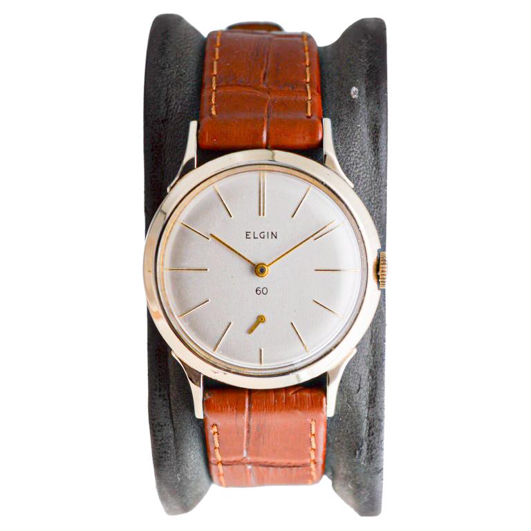 Women's or Men's Elgin Yellow Gold Filled Art Deco Watch, Round circa 1950's with Original Dial For Sale