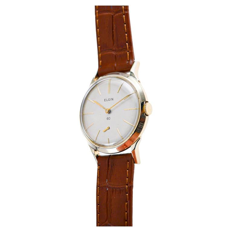 Elgin Yellow Gold Filled Art Deco Watch, Round circa 1950's with Original Dial For Sale 3