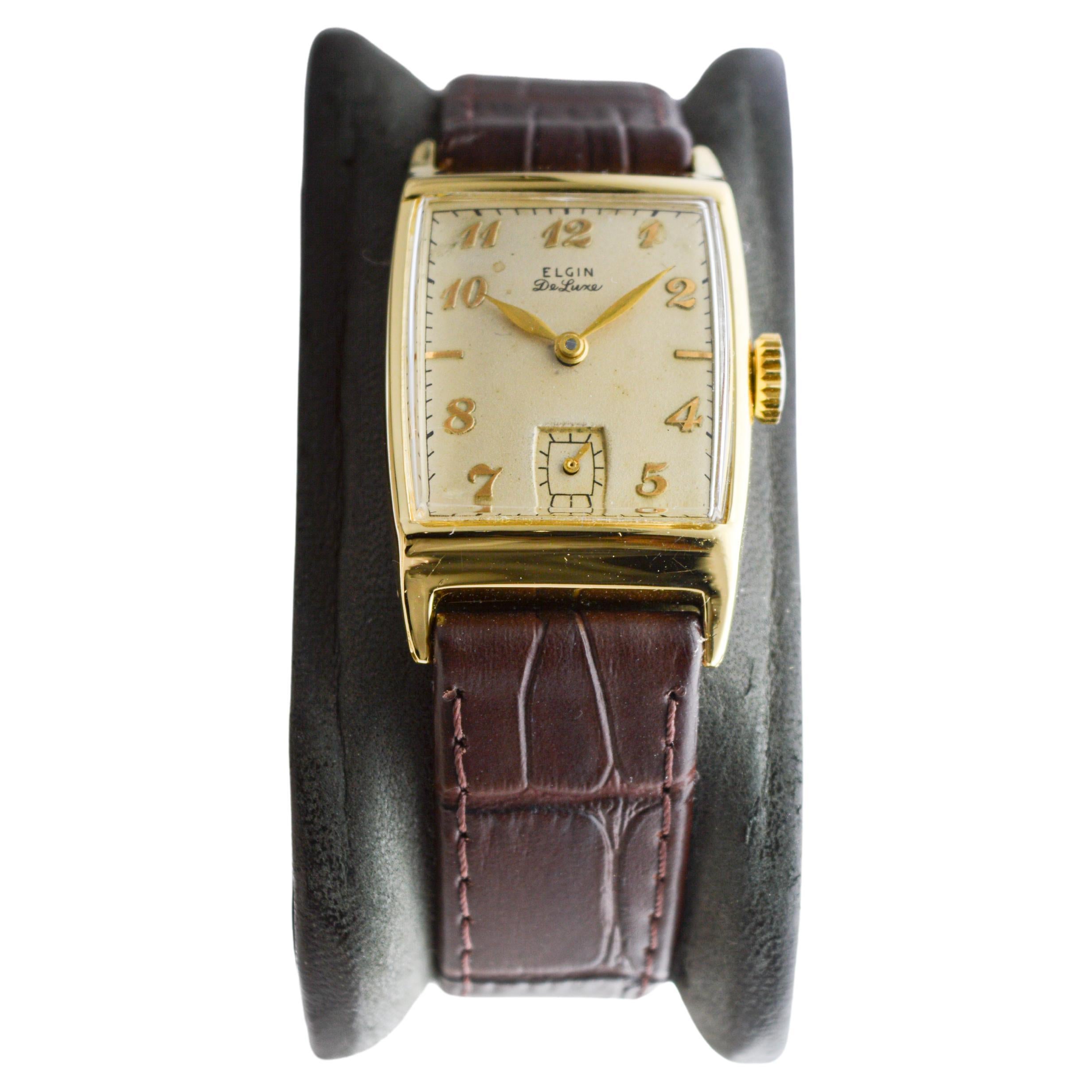 Women's or Men's Elgin Yellow Gold Filled Art Deco Watch, Tonneau Shaped Watch circa 1940's