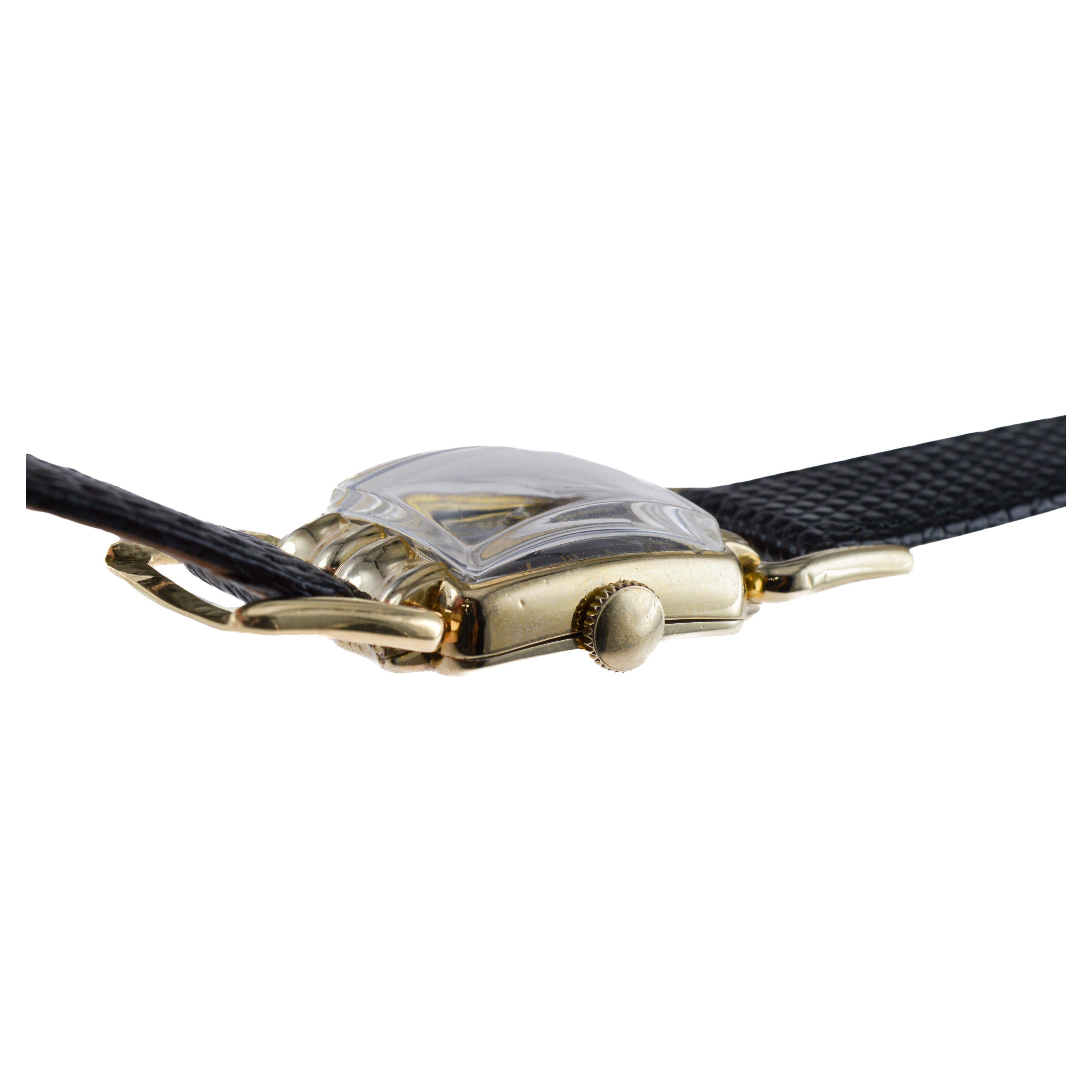 Reloj Art Déco Elgin relleno de oro amarillo con rara esfera negra  Ganchos articulados en venta 6