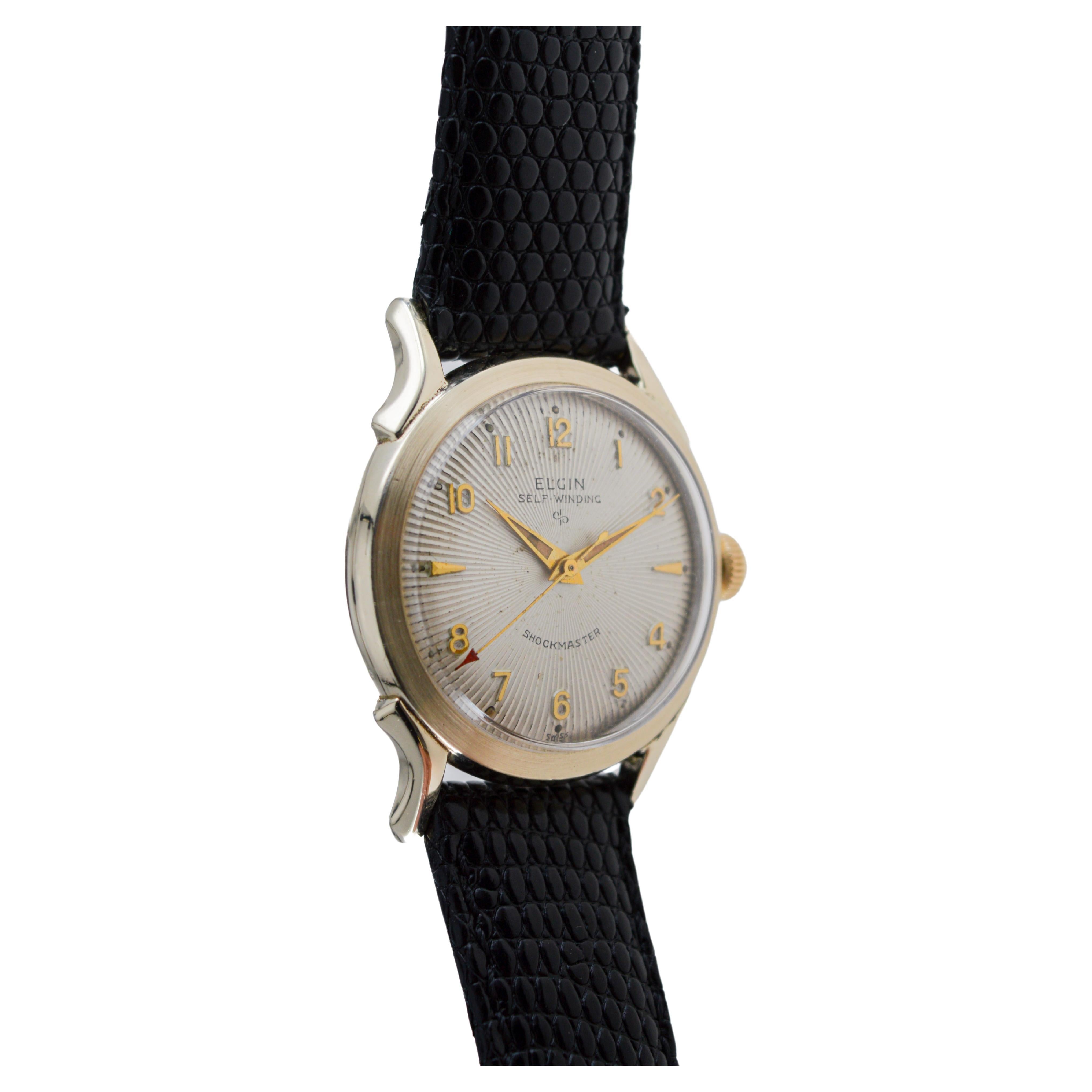 Women's or Men's Elgin Yellow Gold Filled Automatic Art Deco Watch, circa 1960's with Rare Dial For Sale