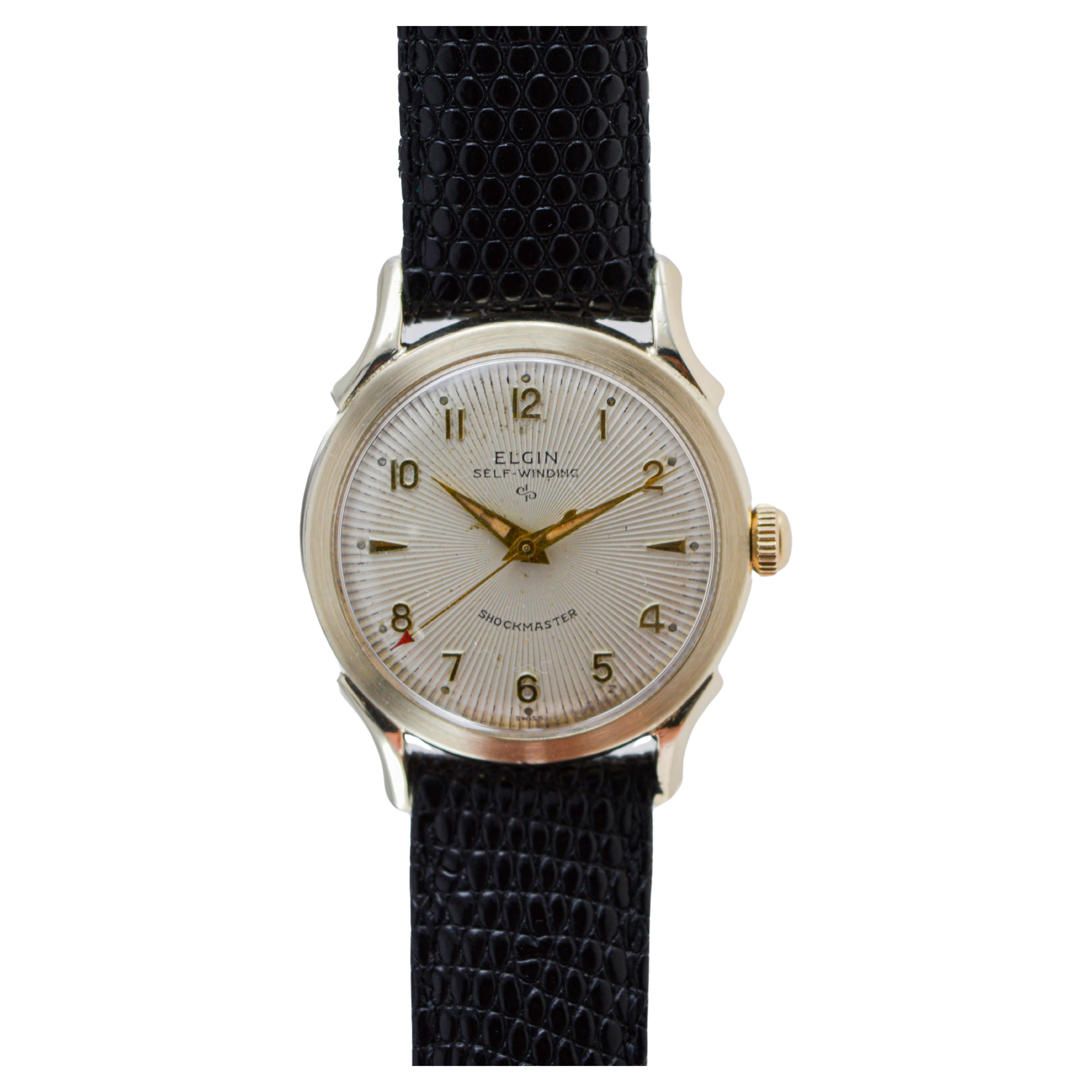 Elgin Yellow Gold Filled Automatic Art Deco Watch, circa 1960's with Rare Dial For Sale 1