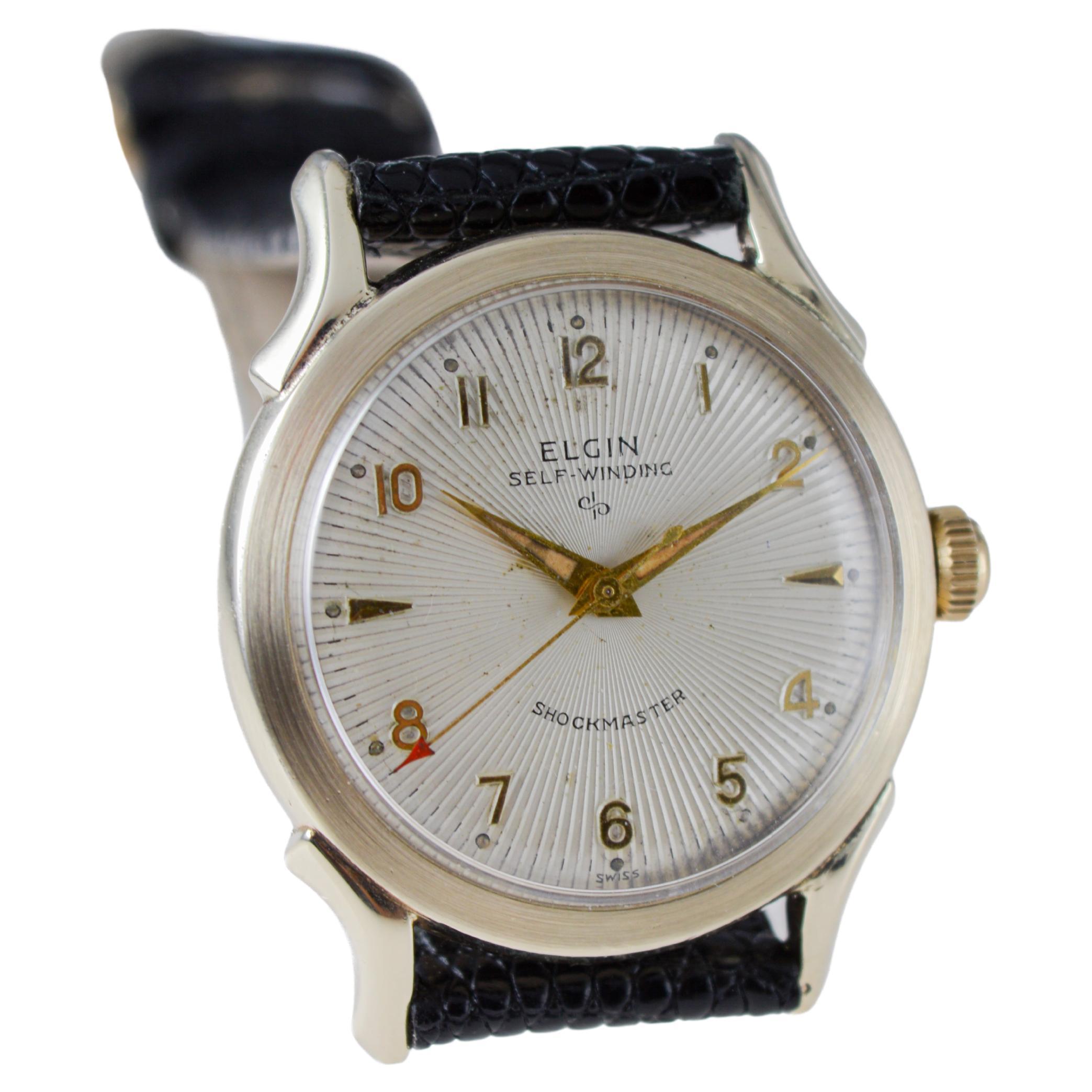 Elgin Yellow Gold Filled Automatic Art Deco Watch, circa 1960's with Rare Dial For Sale 2