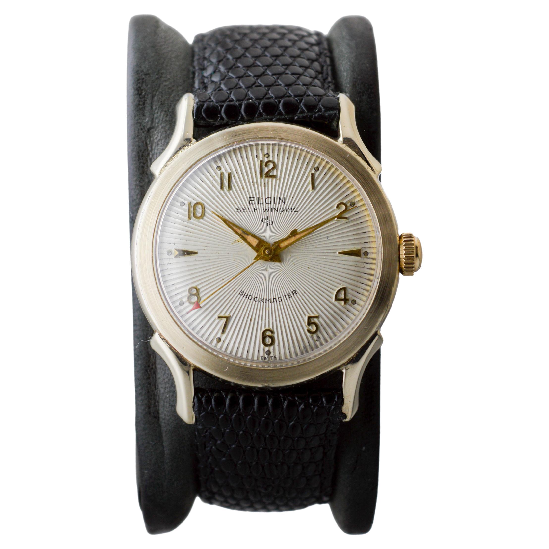 Elgin Yellow Gold Filled Automatic Art Deco Watch, circa 1960's with Rare Dial