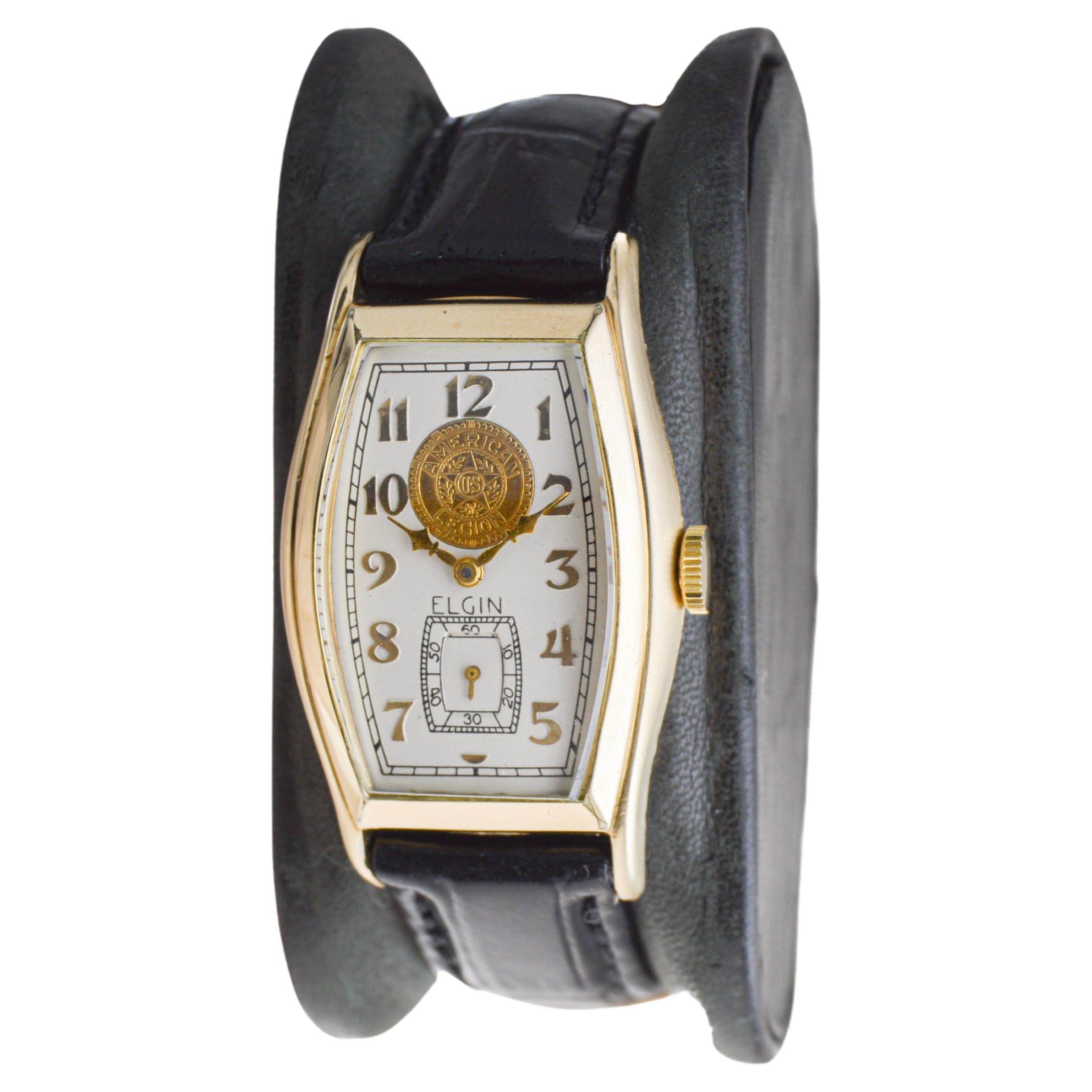 Art Deco Elgin Yellow Gold Filled from 1939 with Hand Engraved Monogram Tortue Shaped  For Sale
