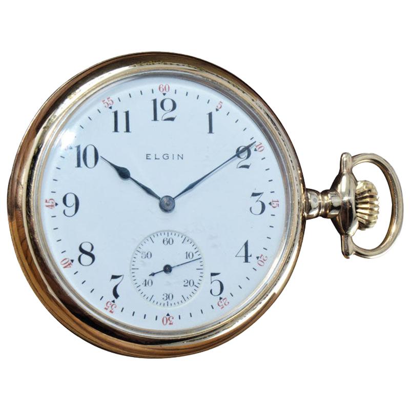 Elgin Yellow Gold Filled Open Face American Pocket Watch circa 1912 Enamel Dial For Sale