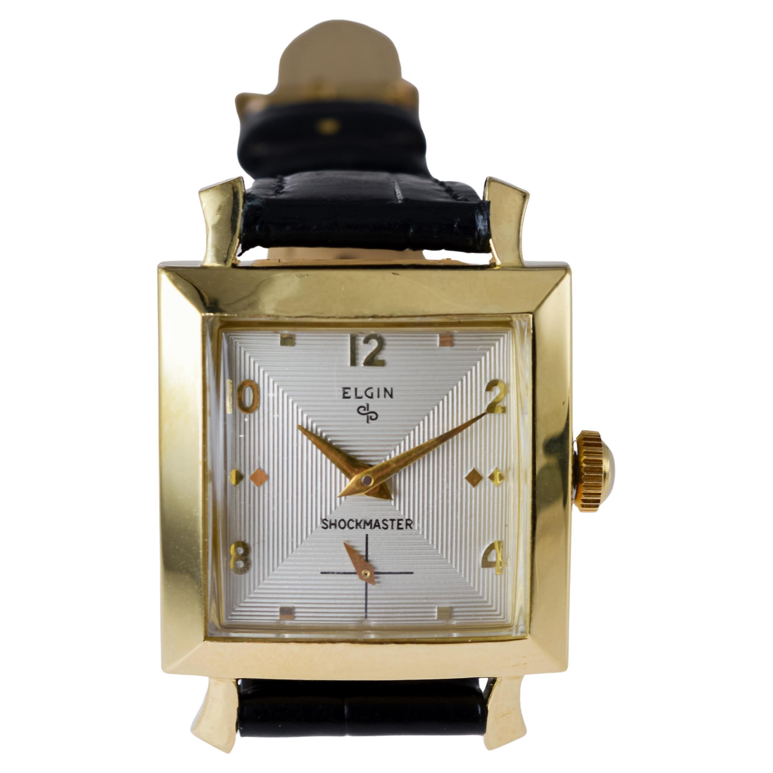 Elgin Yellow Gold Filled Shockmaster Art Deco Watch, 1950's Flawless Dial For Sale 6