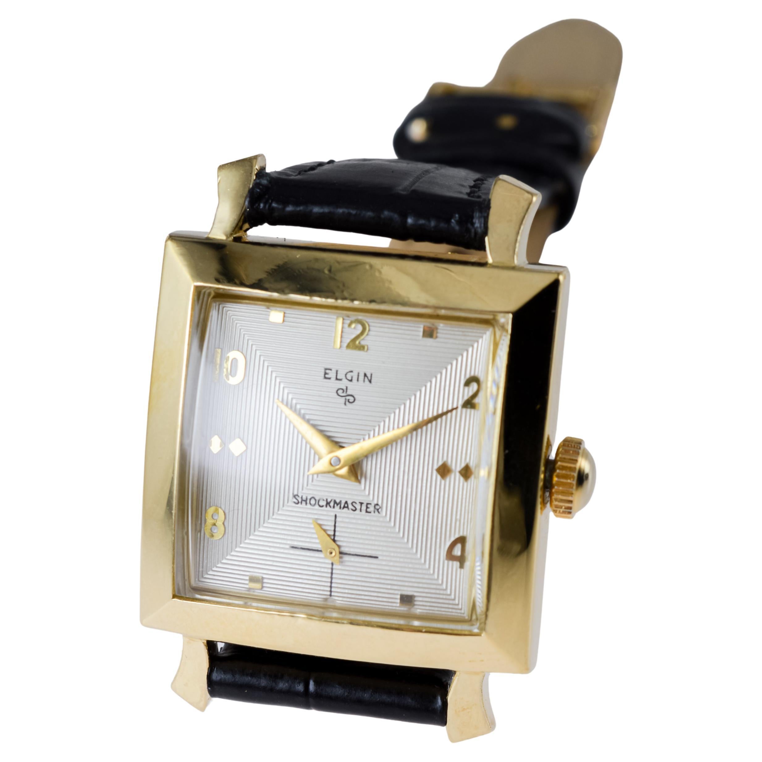 Elgin Yellow Gold Filled Shockmaster Art Deco Watch, 1950's Flawless Dial For Sale 7