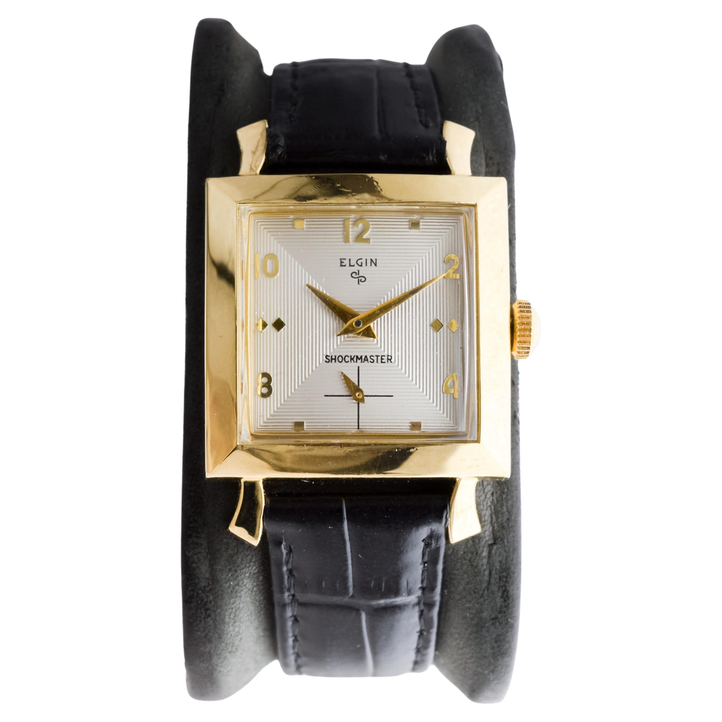 Elgin Yellow Gold Filled Shockmaster Art Deco Watch, 1950's Flawless Dial For Sale 1