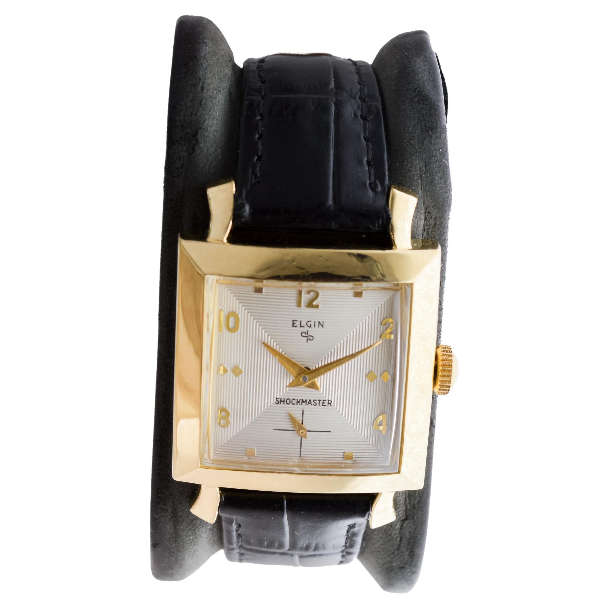 Elgin Yellow Gold Filled Shockmaster Art Deco Watch, 1950's Flawless Dial For Sale 2