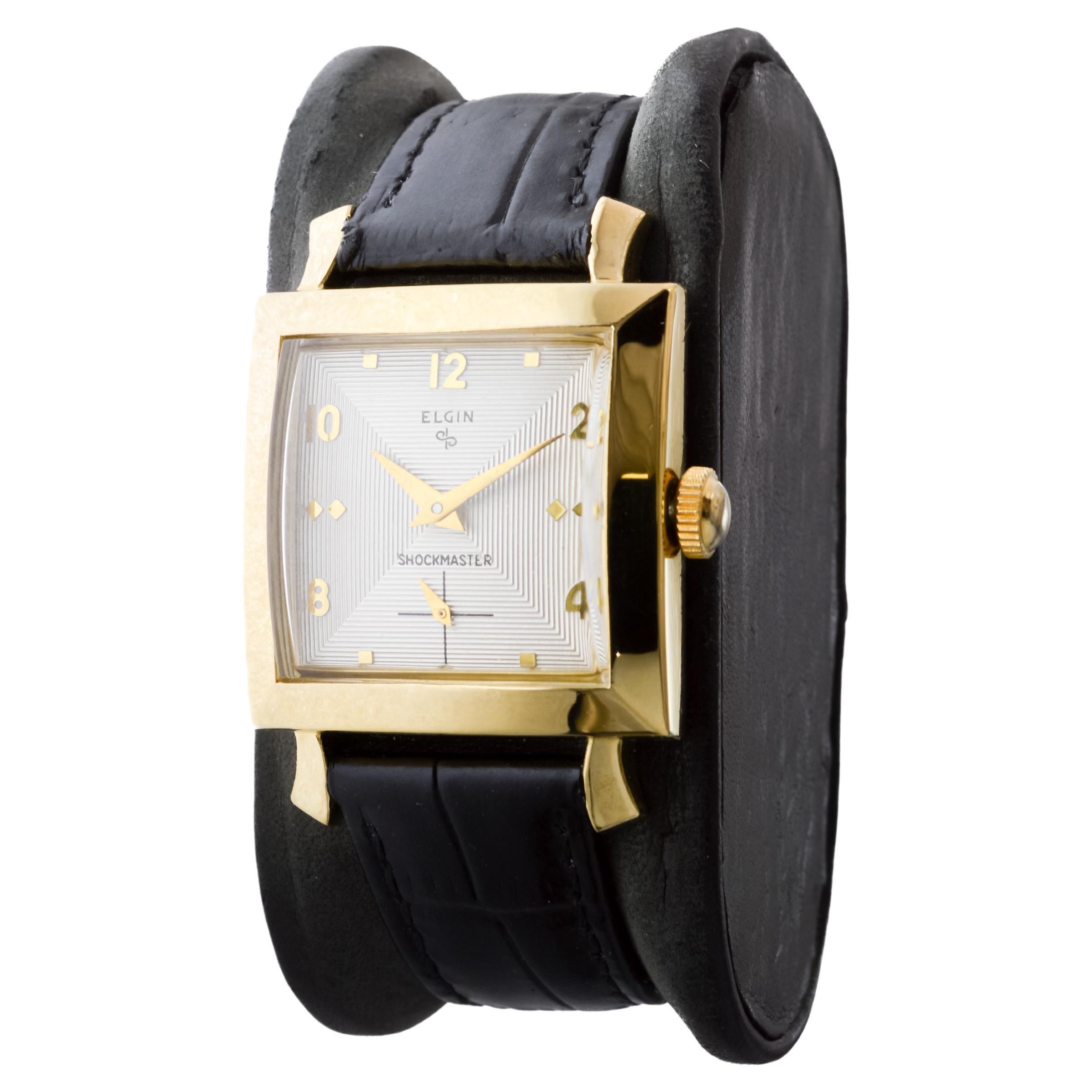 Elgin Yellow Gold Filled Shockmaster Art Deco Watch, 1950's Flawless Dial For Sale 3