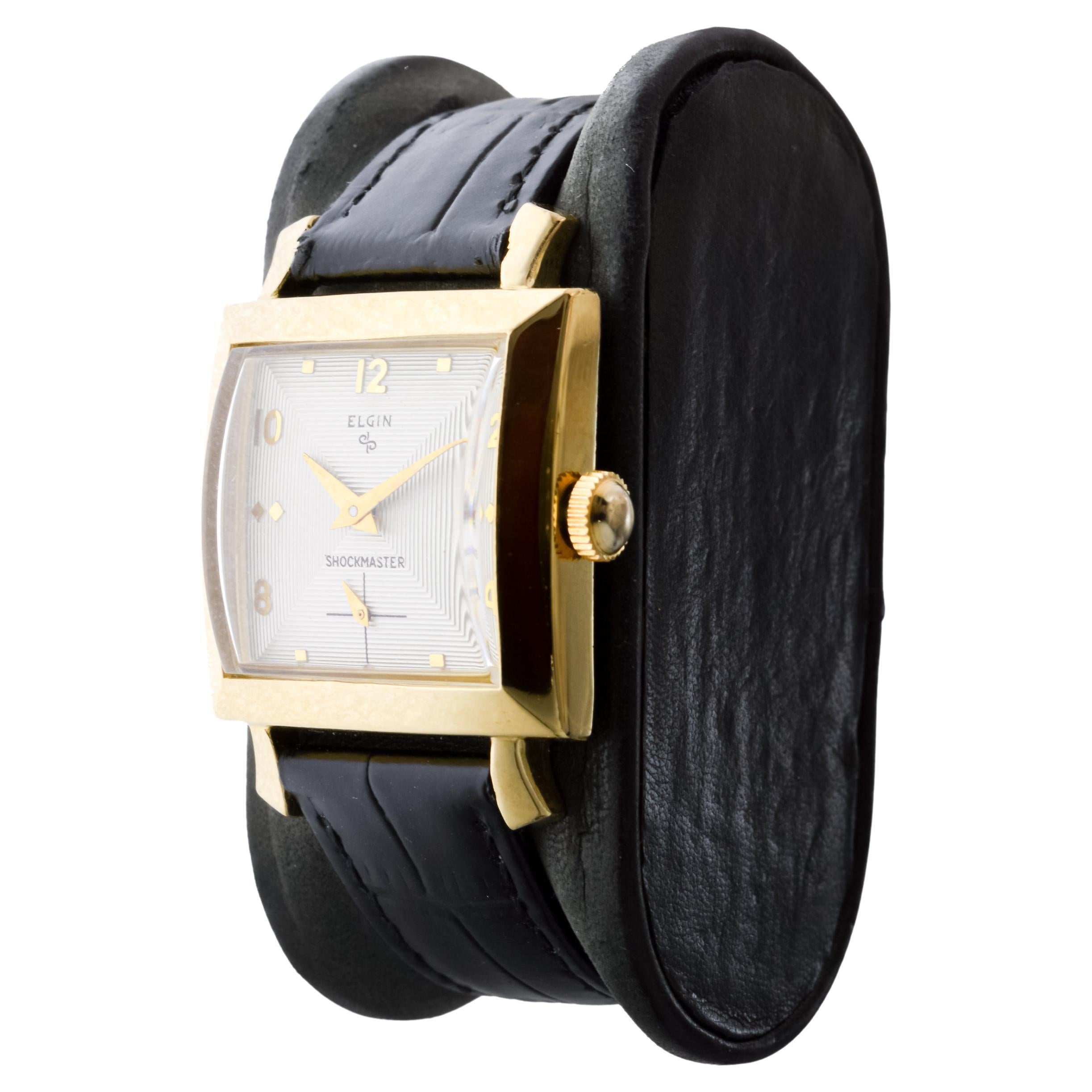 Elgin Yellow Gold Filled Shockmaster Art Deco Watch, 1950's Flawless Dial For Sale 4
