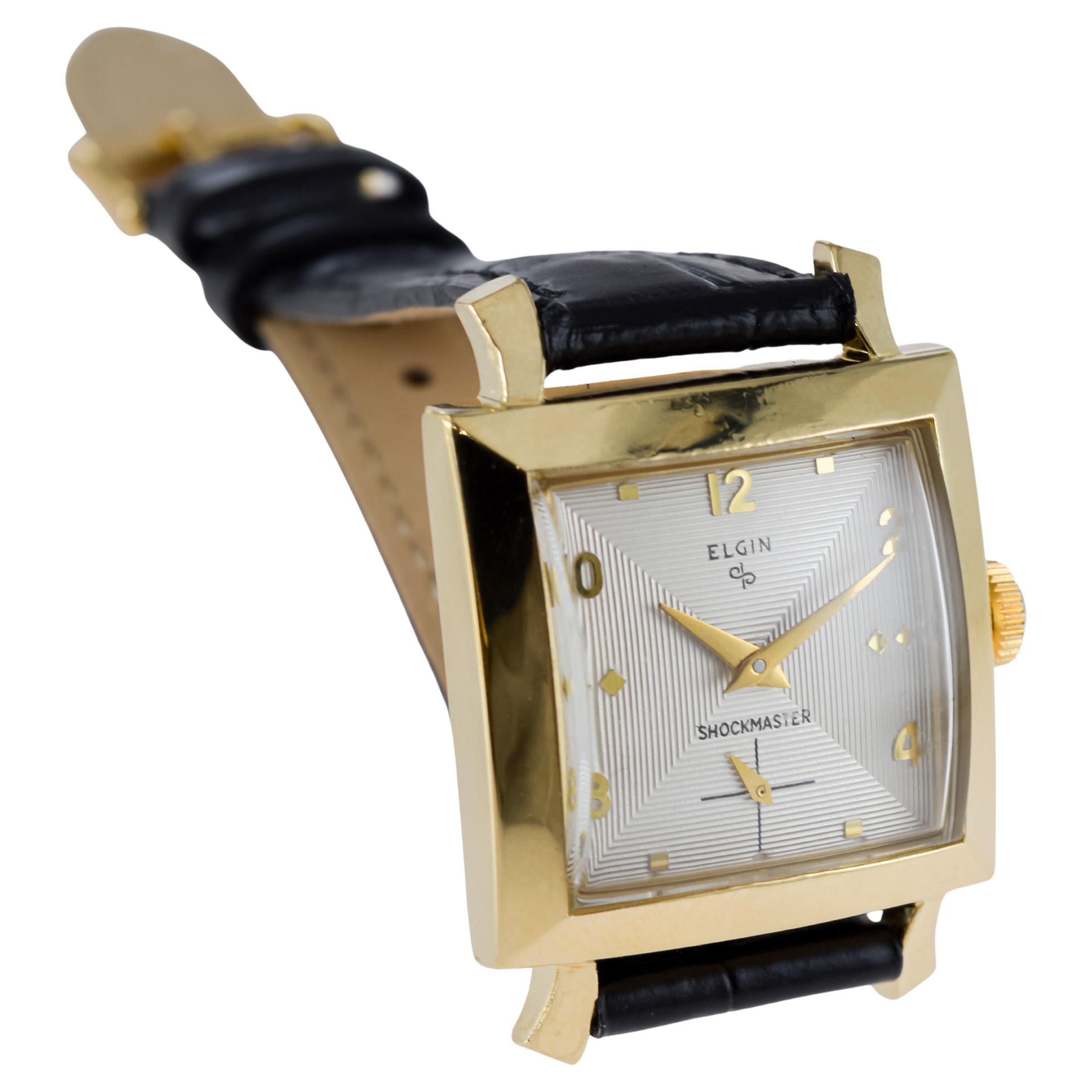 Elgin Yellow Gold Filled Shockmaster Art Deco Watch, 1950's Flawless Dial For Sale 5